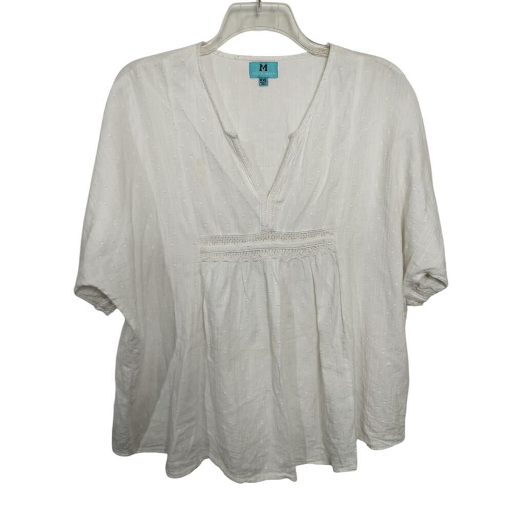 5417)South Main White XXL Boho Chick Babydoll Dolman Short Sleeve Crochet Top